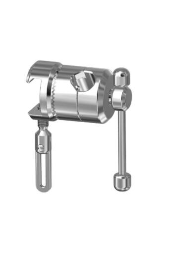 Close up of FISSO rail clamp with rotating and height adjustable features on a medical rail